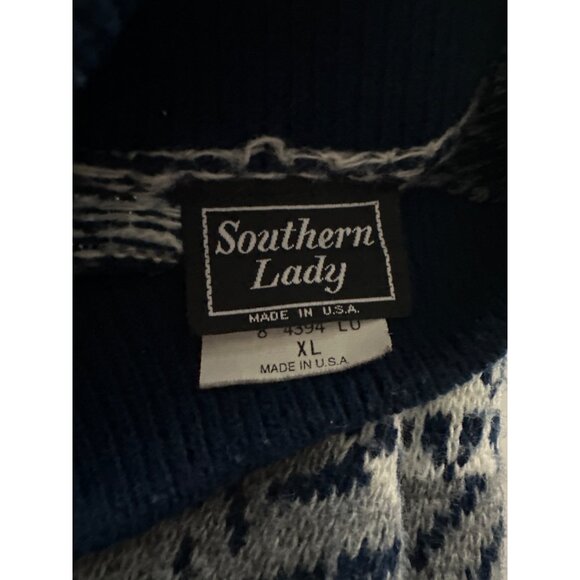 Southern Lady Sweater Y2K Blue White Hearts Multi-Patterned Acrylic Mock Neck XL - Picture 4 of 5
